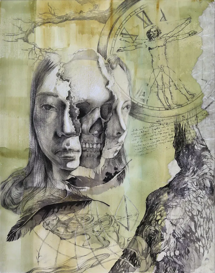 A Survey of Time and Death: a pencil drawing of a face merging into a skull, with a clock face, a Vitruvian figure and a bird