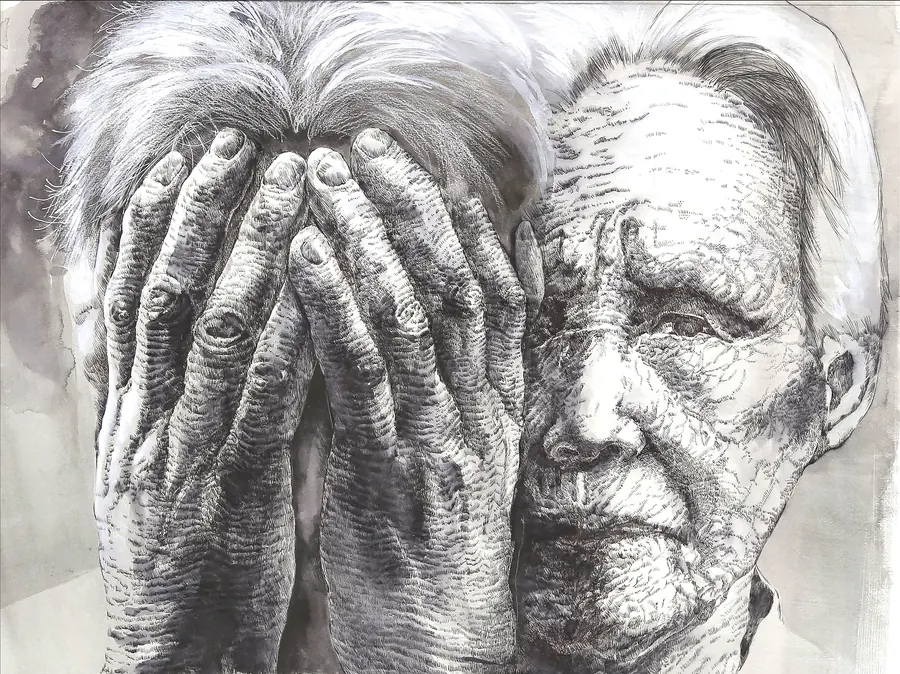 Her Contours: an ink and watercolor study of an elderly face and weathered hands, drawn in fine lines