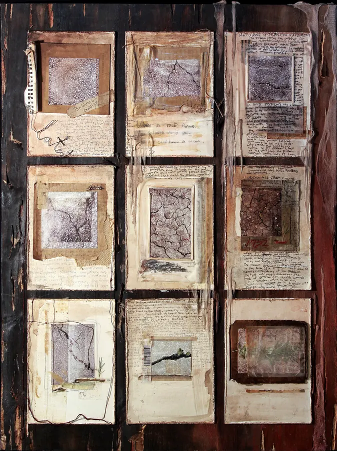 The Earth and The Ground: a grid of nine framed panels of soil, charcoal and pastel textures on wood