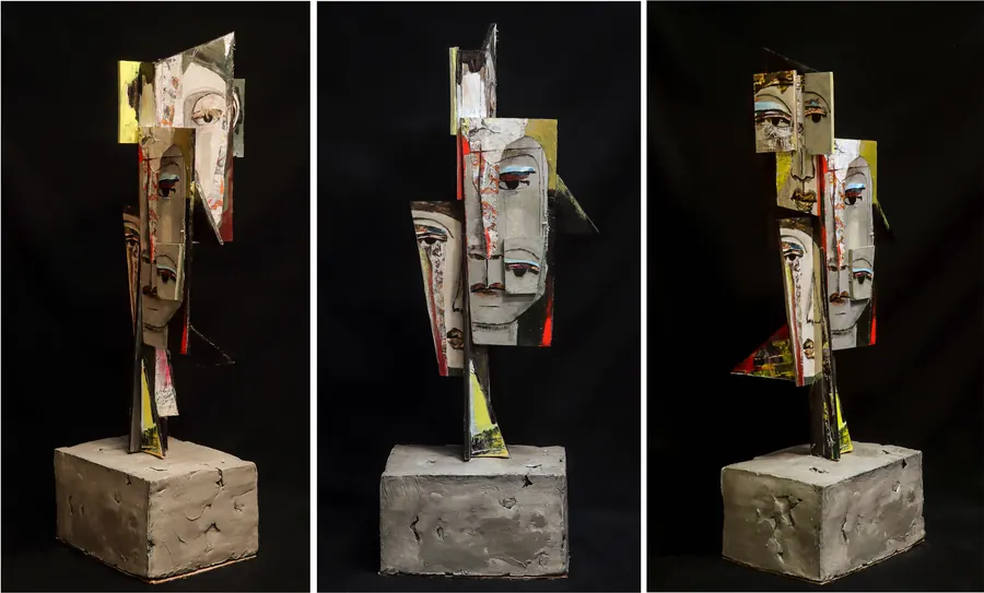 The Crying Face: three views of a cubist clay sculpture of a crying face on a block base