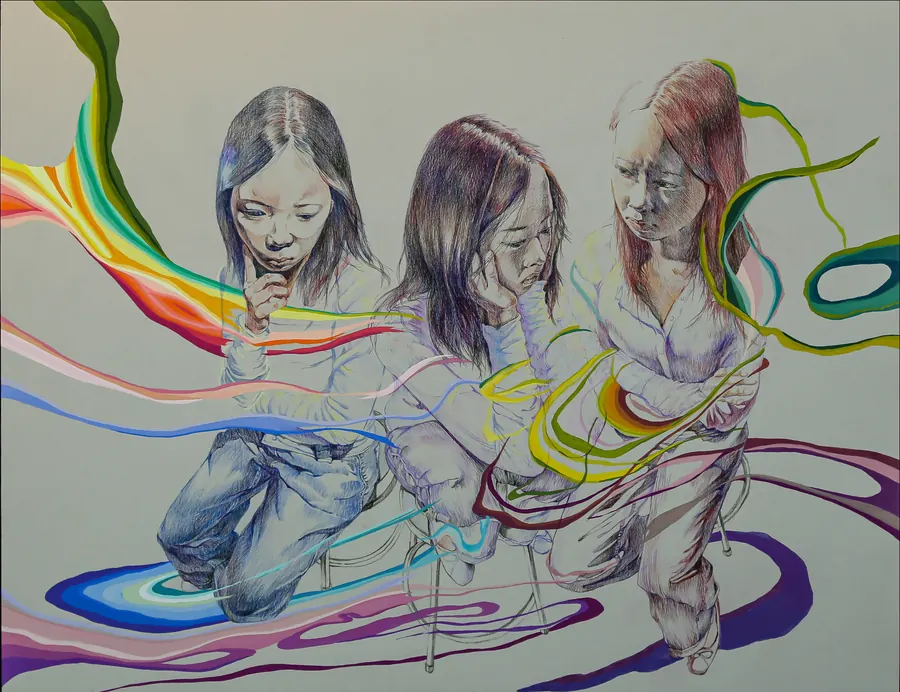 The Prism of Identity: three studies of the same figure in different poses, wrapped in ribbons of rainbow color