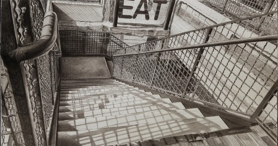 Stairs: a pencil drawing of a stairway descending to the street, with railings casting cage-like shadows