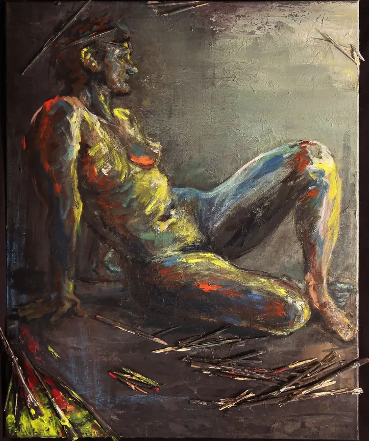 Figure Study: an acrylic and charcoal painting of a seated figure in warm and cool tones