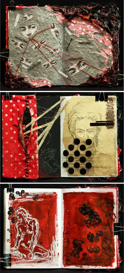 Pages of Sketchbook: three sketchbook pages of mixed-media studies in red, black and cream