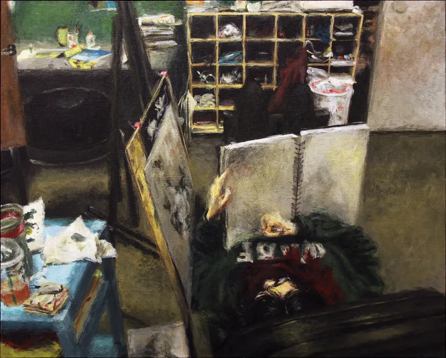 Studio: a painting of a cluttered studio with an easel, shelves and an open sketchbook
